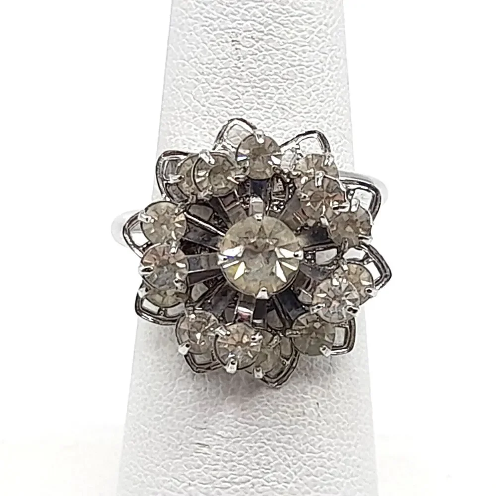 Vintage Ring, Signed Sarah Coventry, Cluster Silver Tone, Size 5 1/2 Adjustable